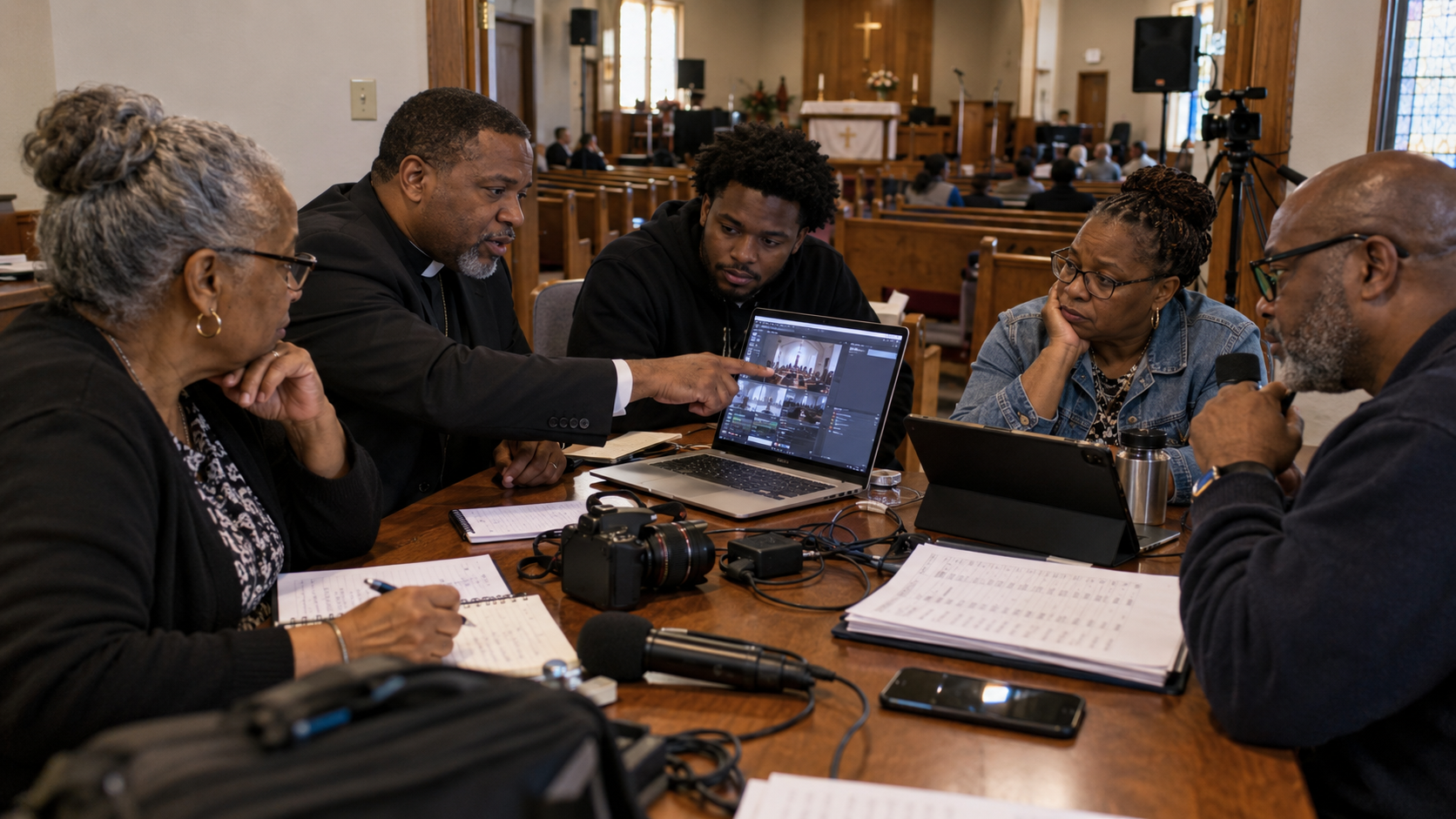 Black church leaders discussing technology and livestream production around a table inside a church sanctuary.