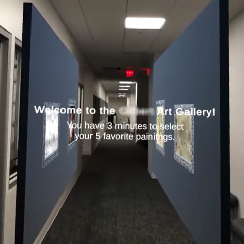 Augmented reality view of a hallway art gallery with virtual paintings, from the Visceral Notices study